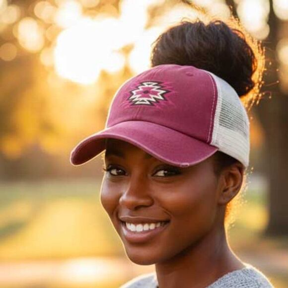 2/$30 Ladies Pink Red Aztec Distressed Ponytail Baseball Trucker Hat - Picture 4 of 4
